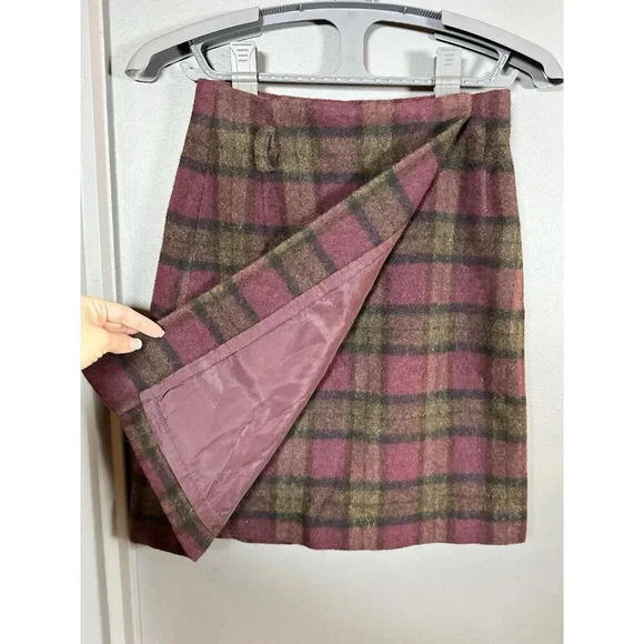EDDIE BAUER Maroon Green Plaid Wool‎ Blend Genuine Wrap Skirt Academia 8 Midi - Picture 5 of 8